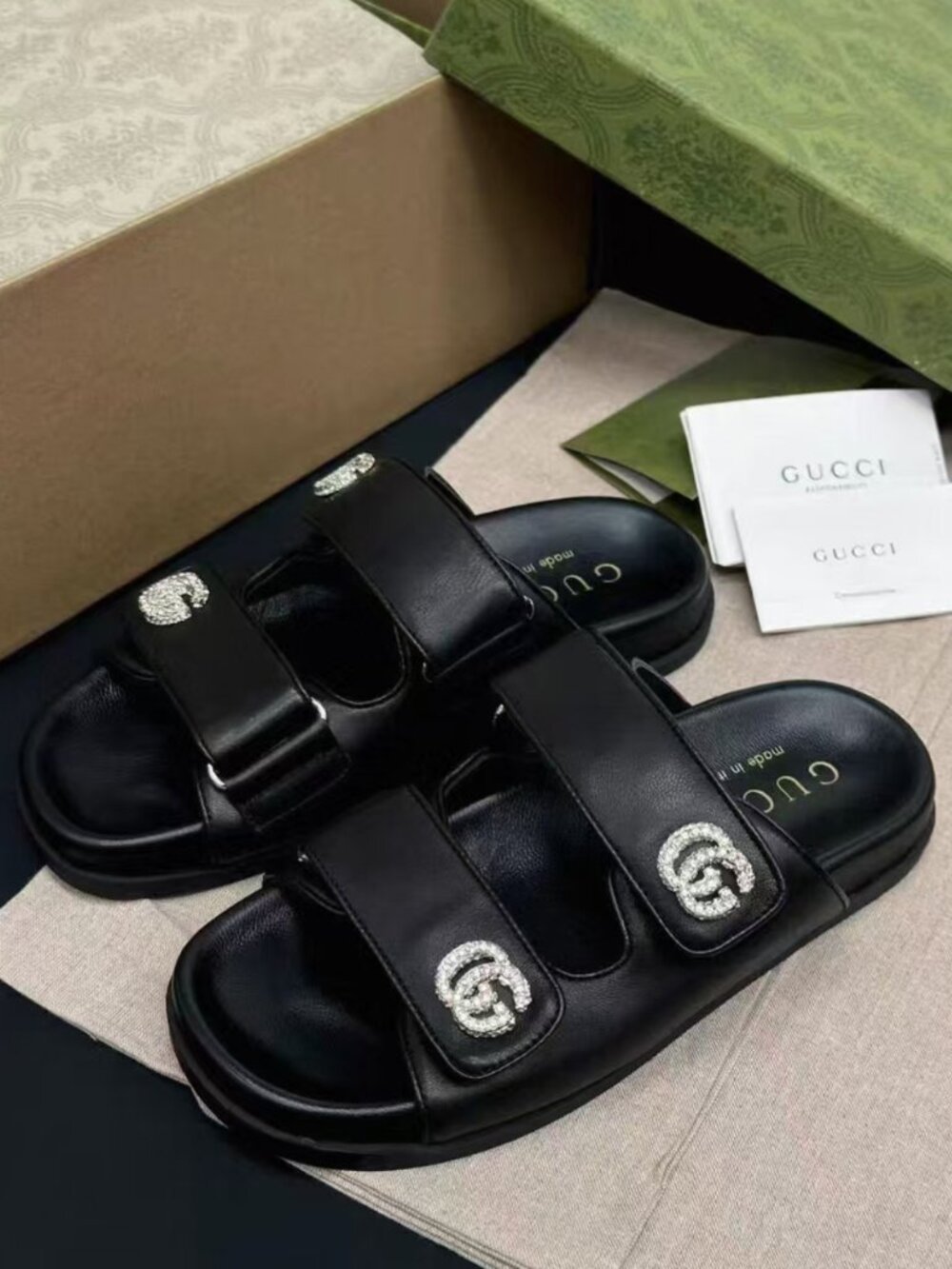 Gucci Black Smooth Calfskin Double Strap Crystal Rhinestone GG Logo Slide Sandal